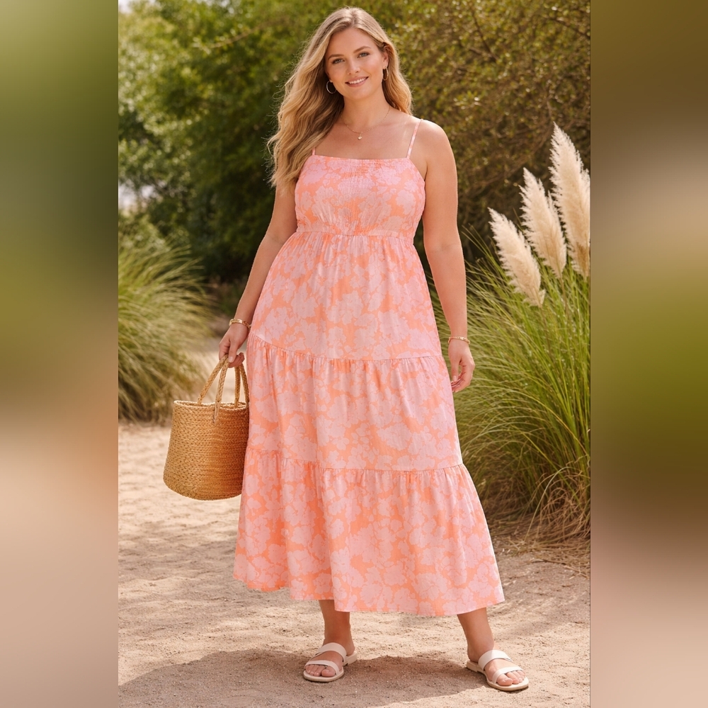 NWT Social Standard by Sanctuary Smocked Back Tiered Maxi Dress Melon Floral XL